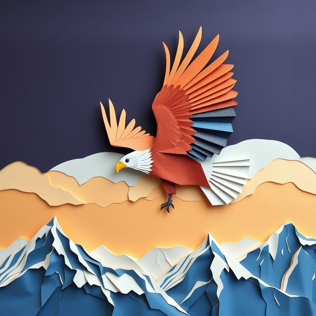 Eagle Soaring Above Mountains in Paper Cut-Out Collage
