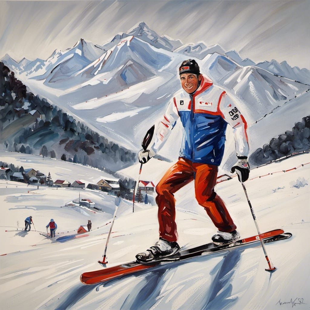 Oil Painting Of Swiss Medallist Skier Bernard Rossi