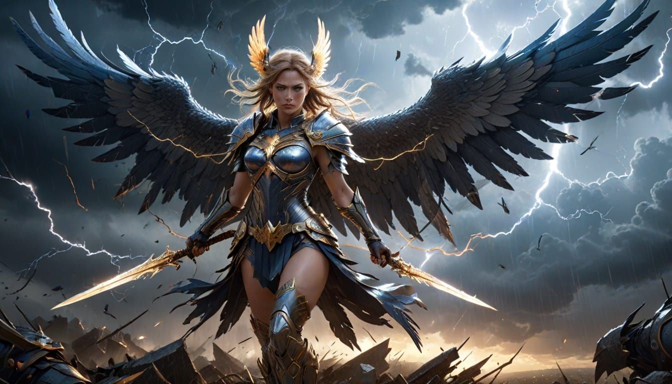 Valkyrie Descends on Stormy Battlefield in Concept Art Style