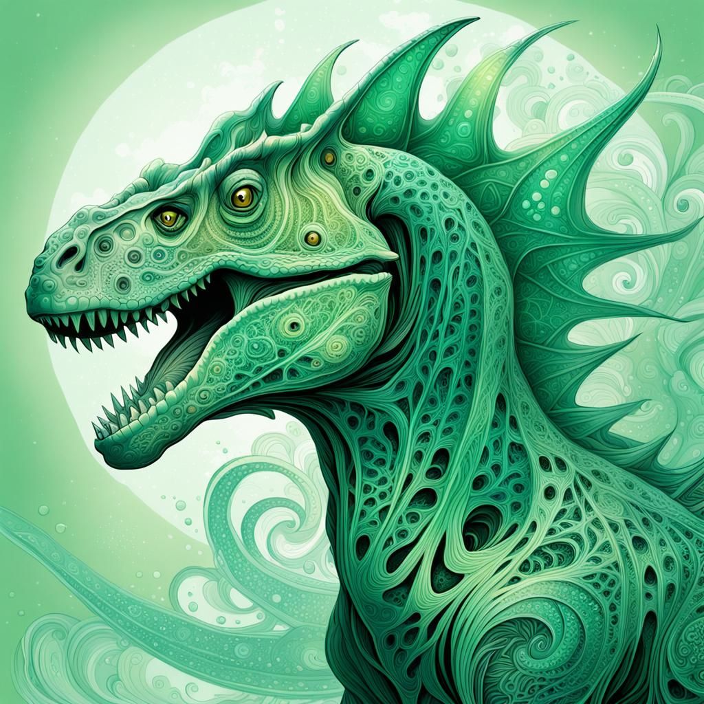 Pastel Fractal Dinosaurs in Intricate Ink Art