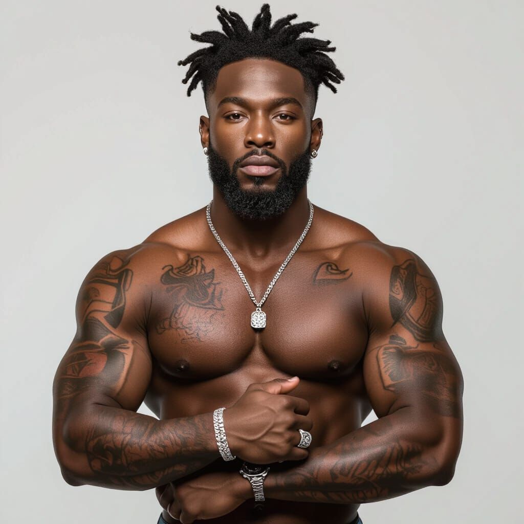 Muscular Afro-Cuban Man with Tattoos, Photorealistic Portrai...