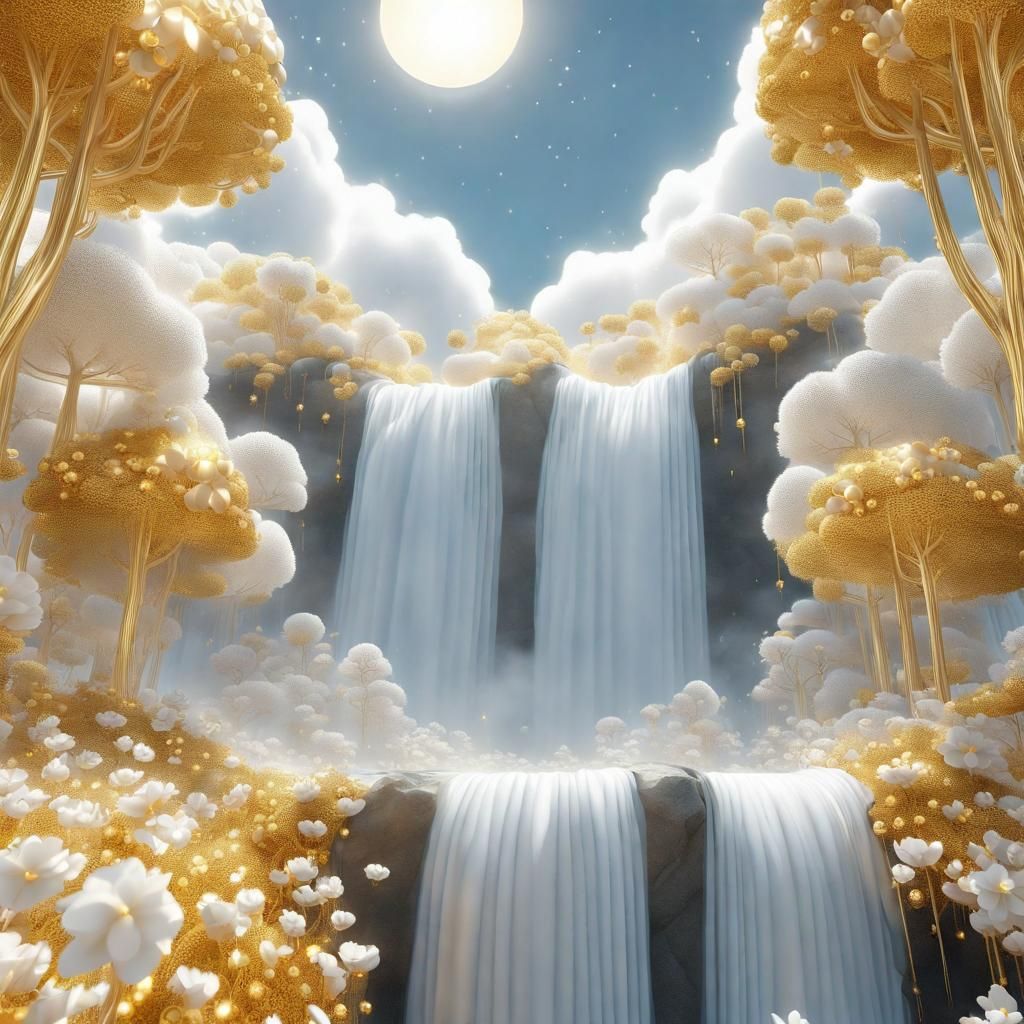 Surreal Gold Waterfall Above Clouds: 3D Render