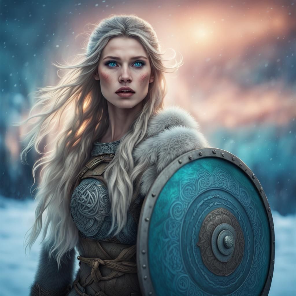 Viking Woman in Northern Lights: Hyperrealistic Art