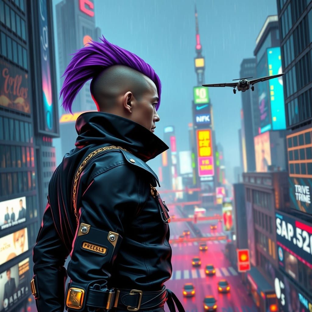 Futuristic Samurai Street Ninja in Cyberpunk Metropolis