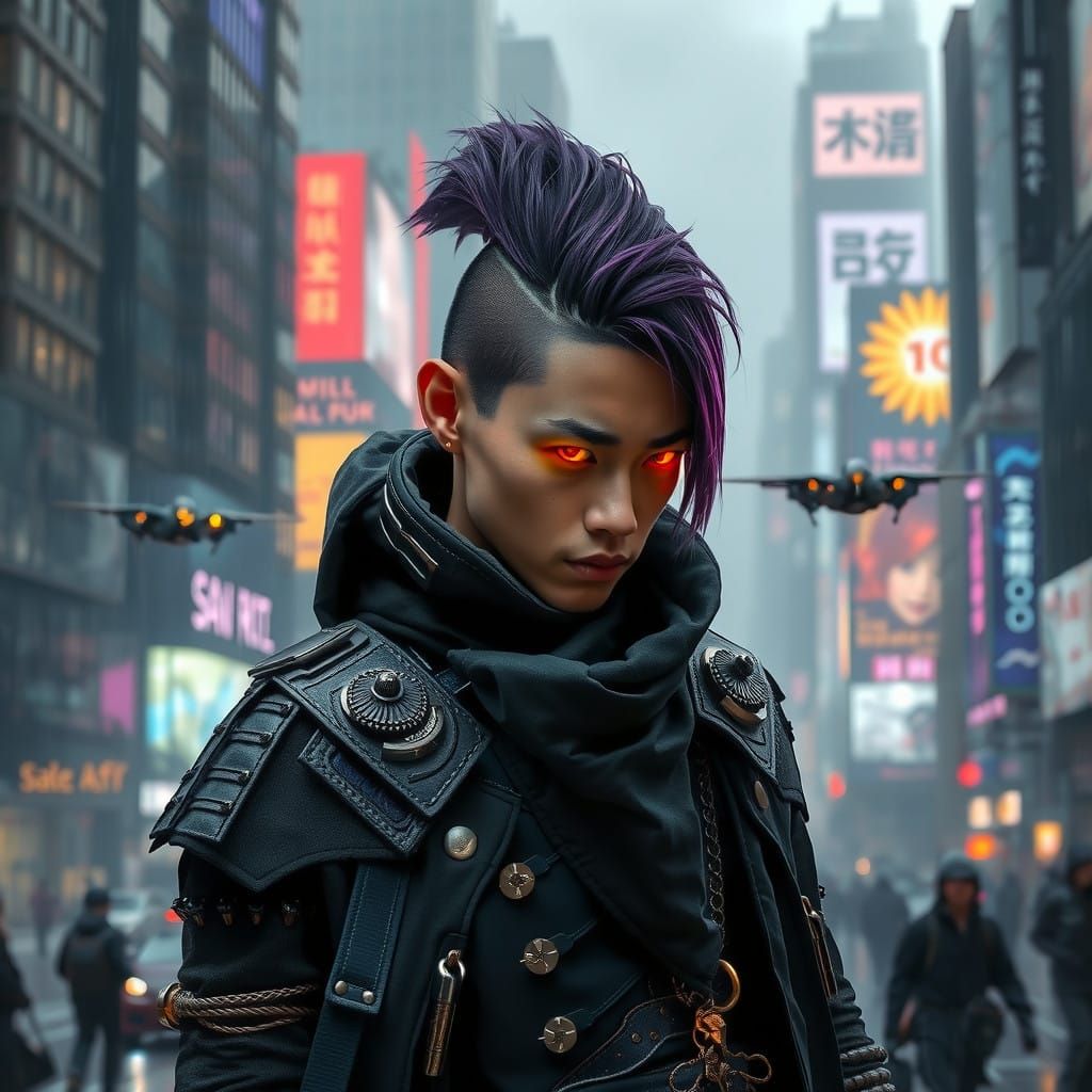 Gritty Cyberpunk Samurai in Rain-Soaked Cityscape