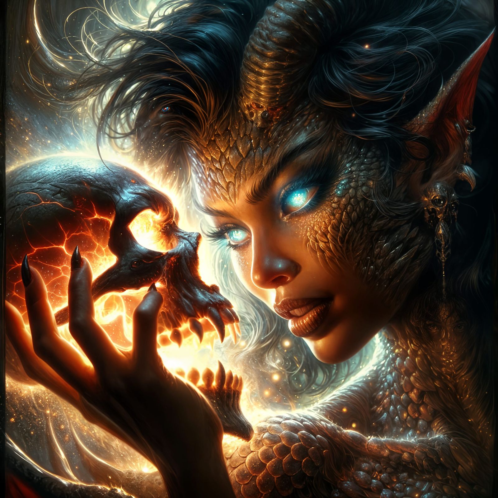 Ethereal Demon Girl with Glowing Skull, Impressionistic Styl...