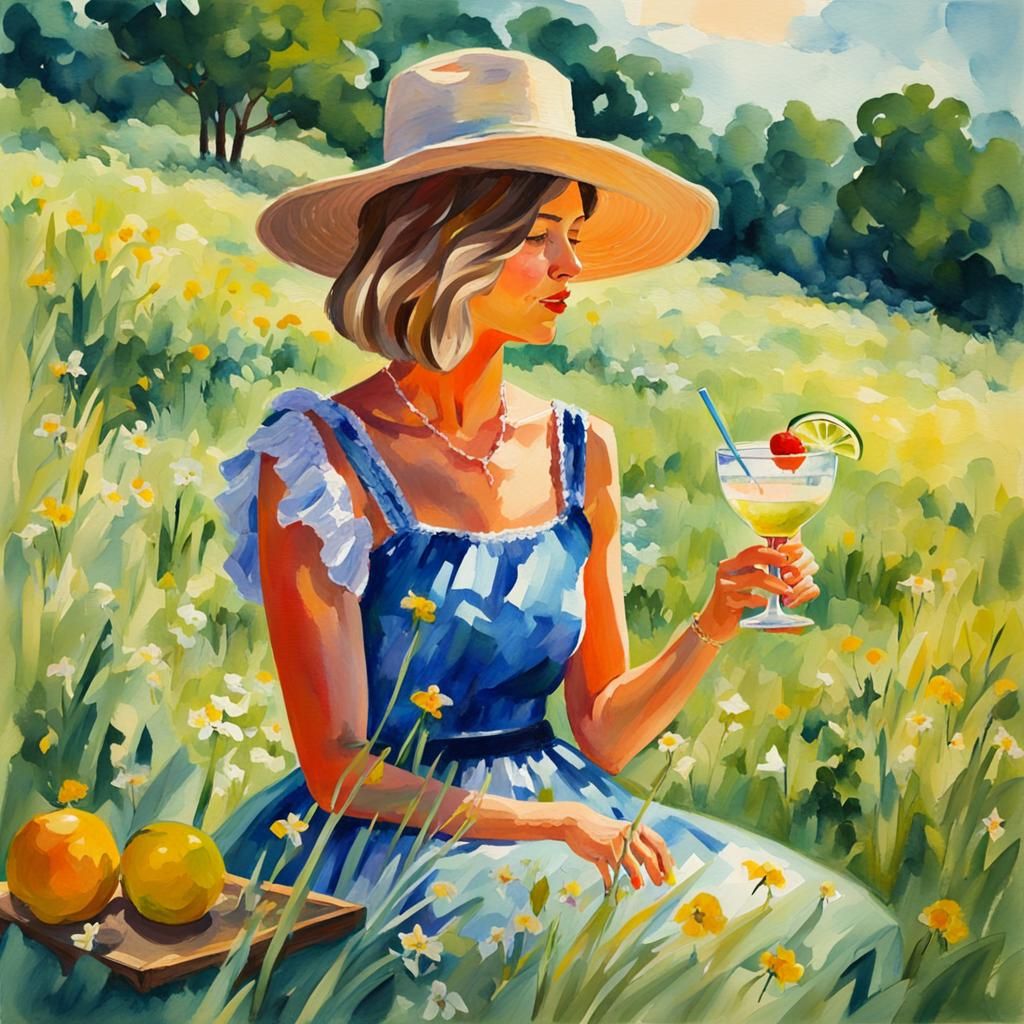 Woman with Margarita in Summer Meadow, Gouache Style