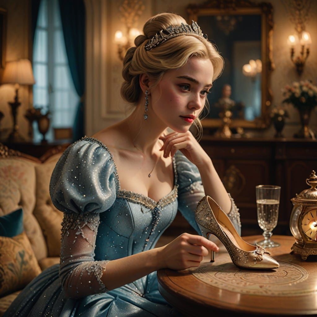 Cinderella in Elegant Living Room with Glass Shoe