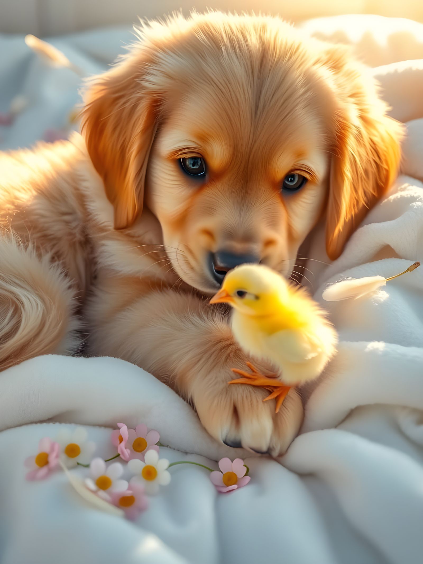 Fluffy Puppy and Chick in Spring Sunlight