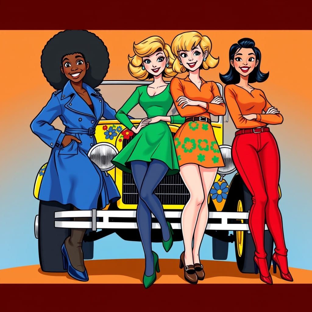 Mod Girls in Vibrant 1960s-Style Cartoon
