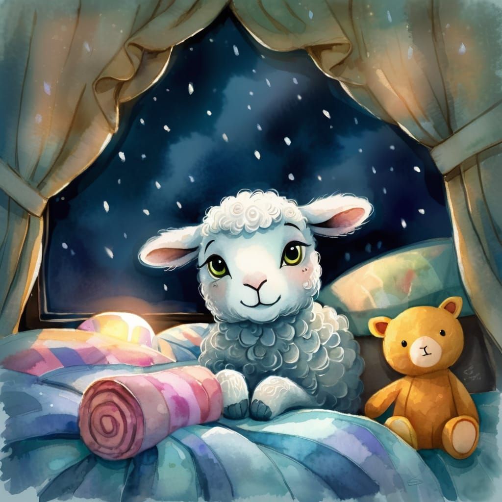 Frightened Lamb Hiding: Whimsical Watercolor Fantasy