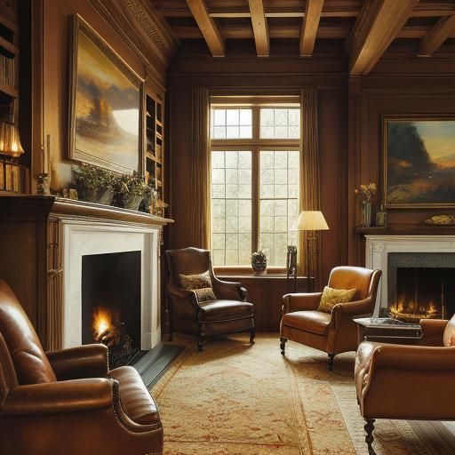 Cozy Library with Fireplace: An Impressionist Oil Painting