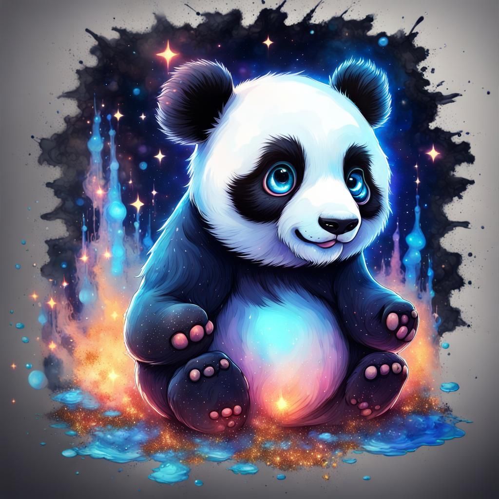 Ethereal Ghost Panda in Starry Space, Liquid Ink Art