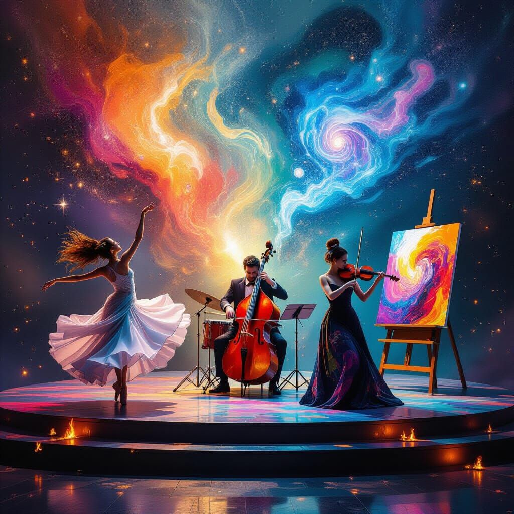 Dancer, Musician, Painter on Stage with Surreal Colors