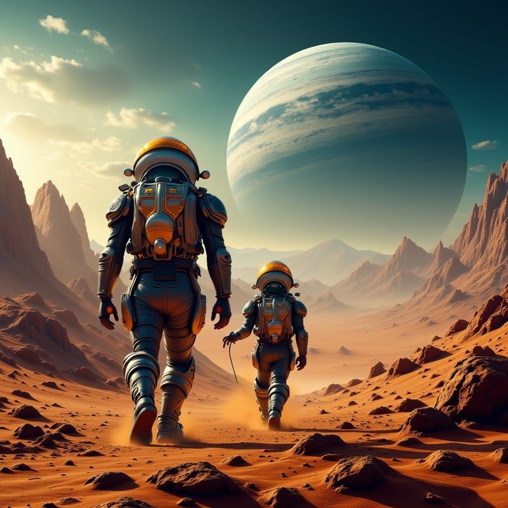 Brave Space Explorers on Alien Planet
