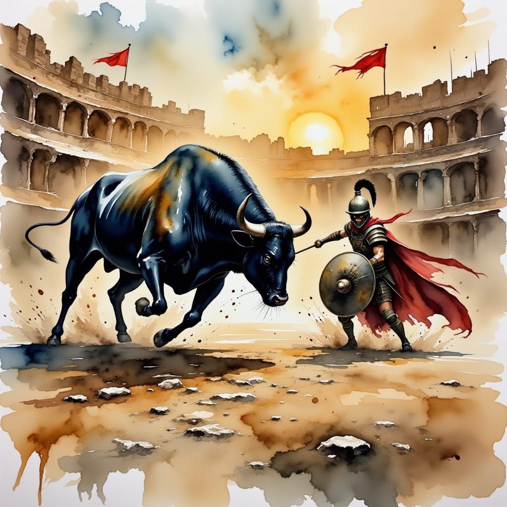 A massive bull fights a Gladiator in the colosseum arena