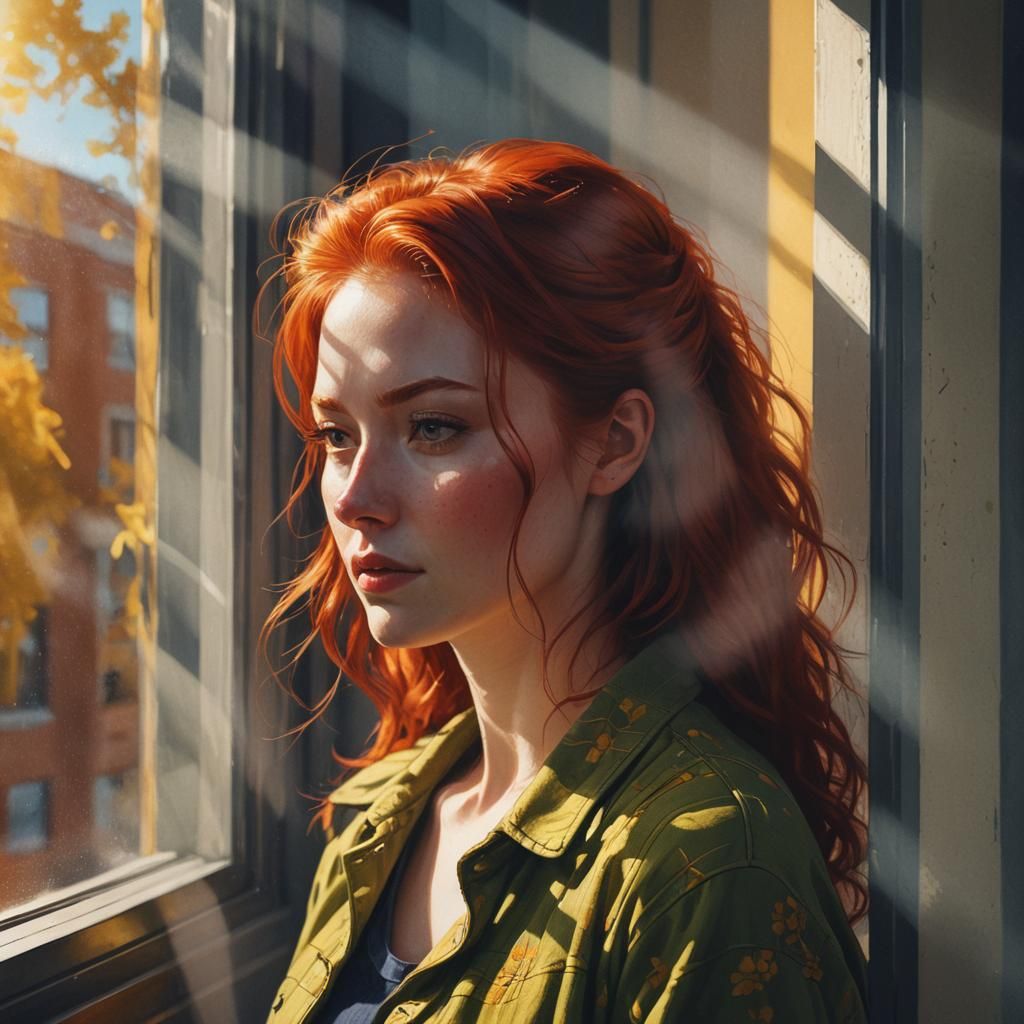 Lonely Redhead Gazing Through Window in Digital Art