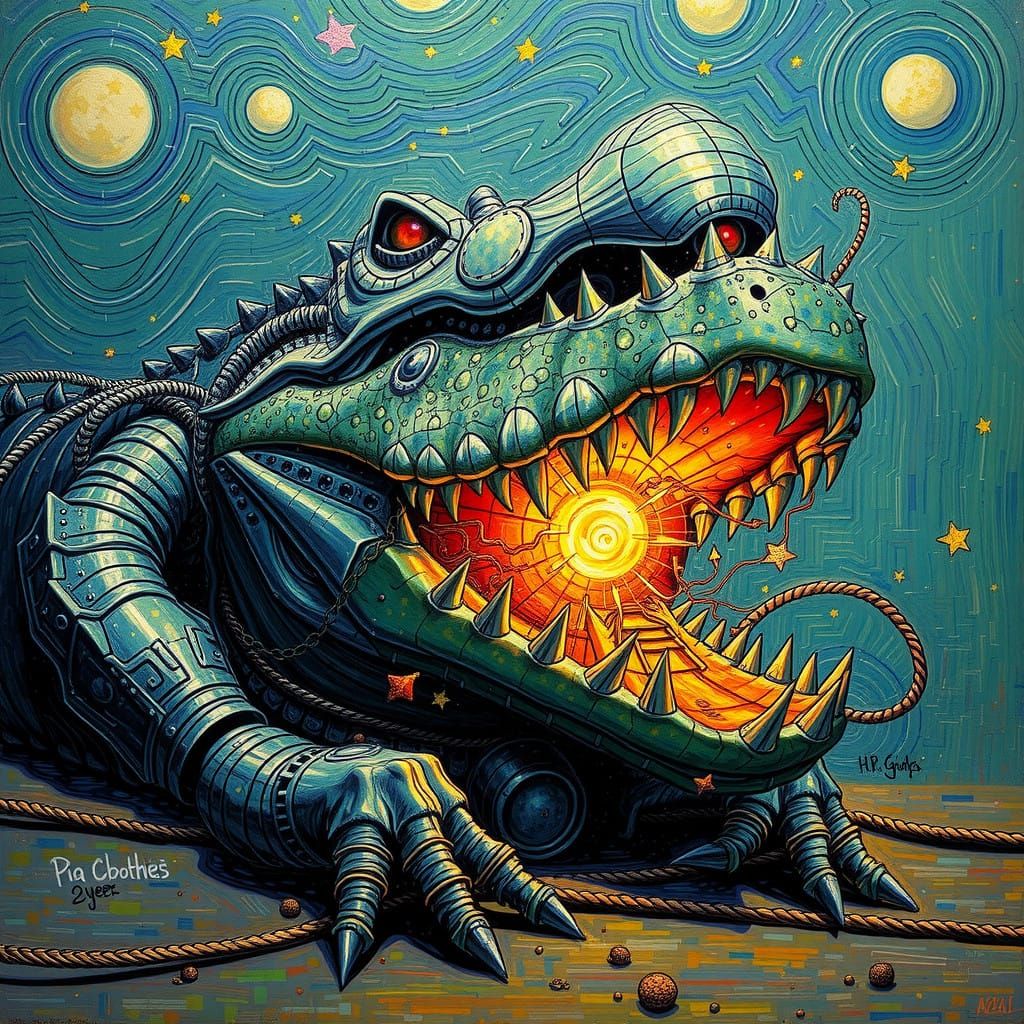 Cyberpunk Robot-Dinosaur Crash Scene in Neon Hues