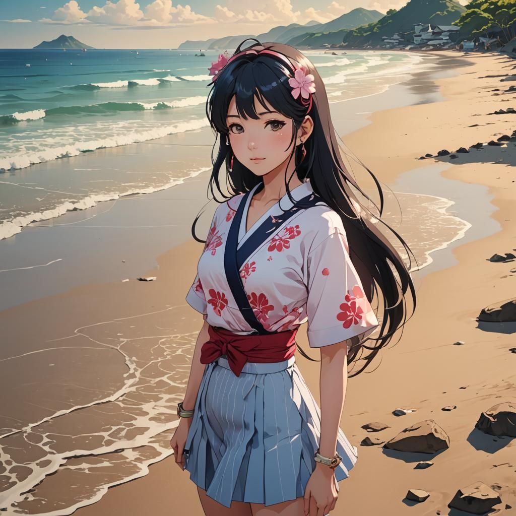 Anime Girl at Beach in Cel-Shaded Style
