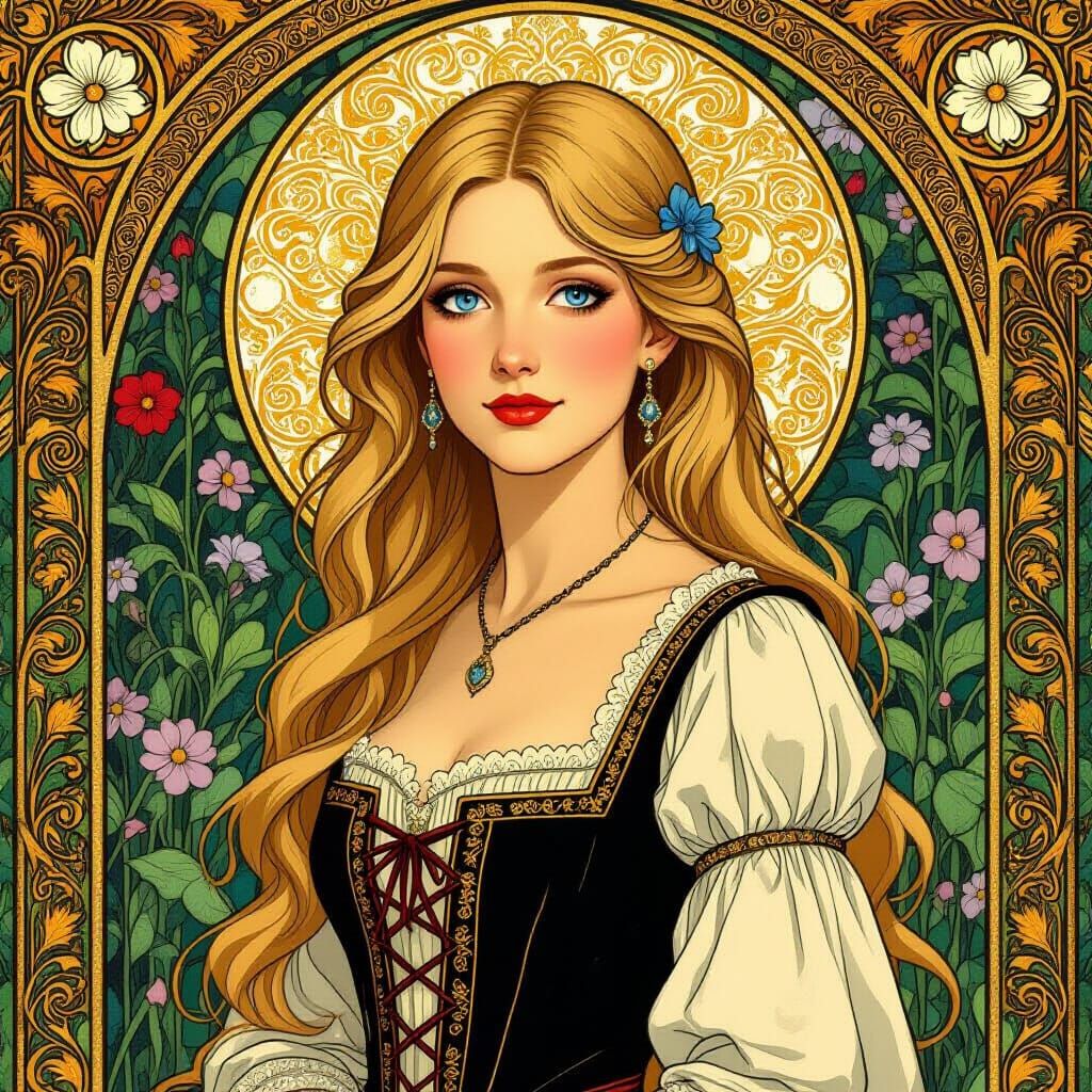 Woman in Medieval Dress in Garden, Art Nouveau Style