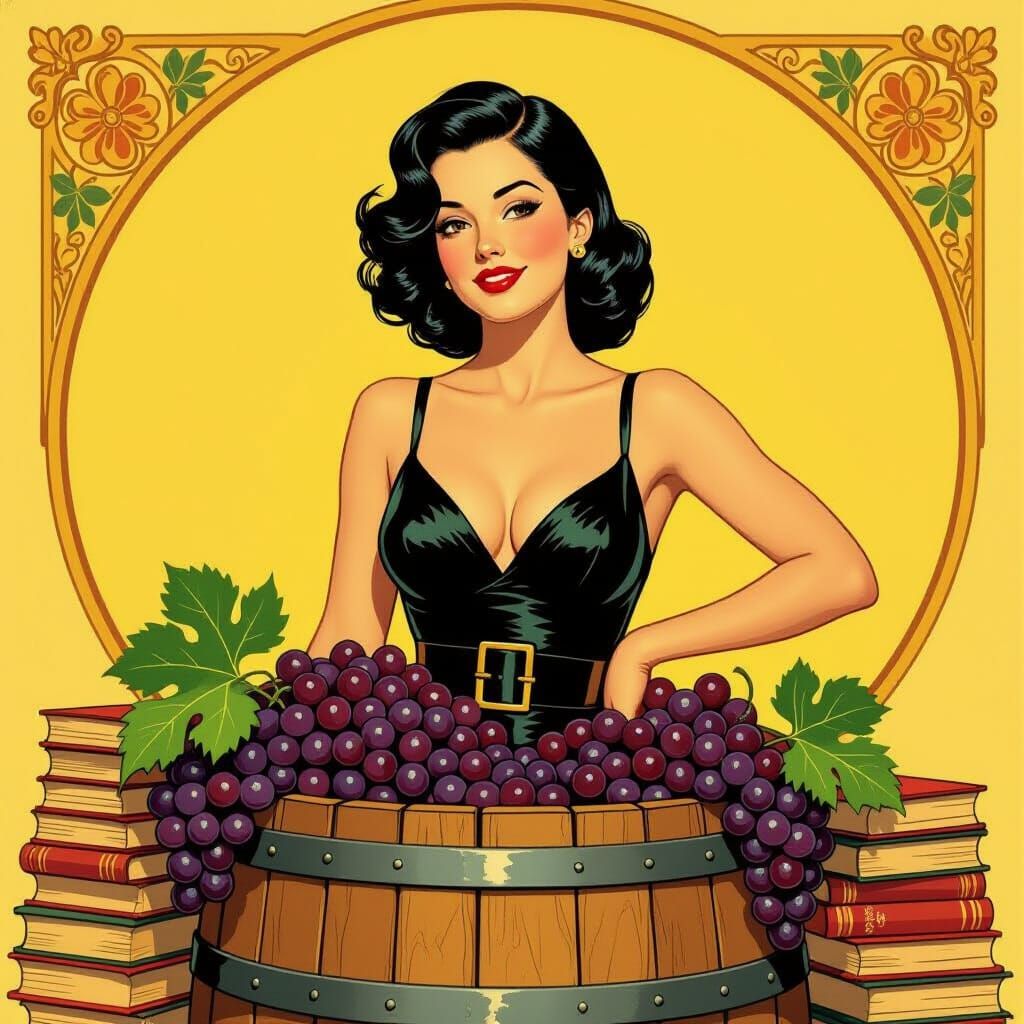 Vintage Woman with Grapes in Art Nouveau Style