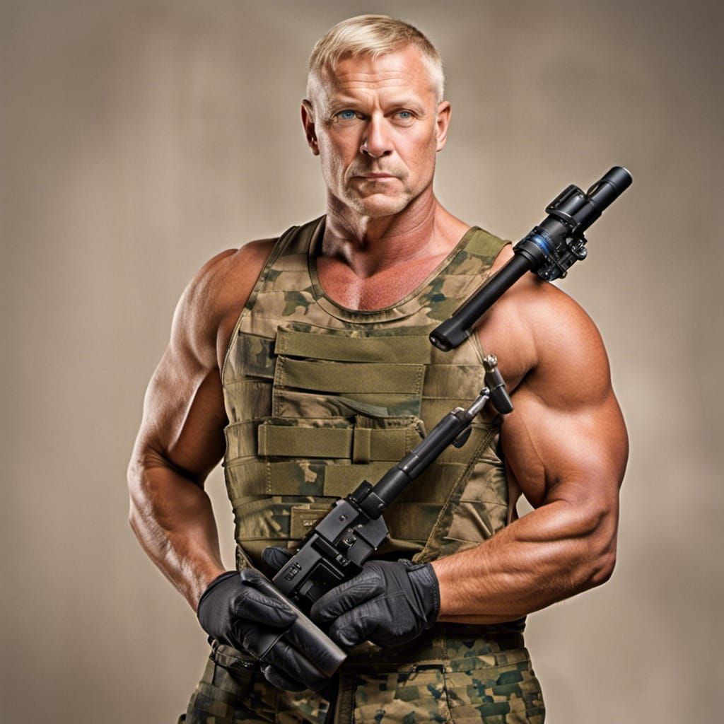 Intense Bodybuilder Portrait in Military Style