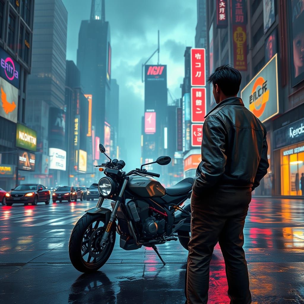 Cyberpunk Wanderer Gazes Over Neon Cityscape at Twilight