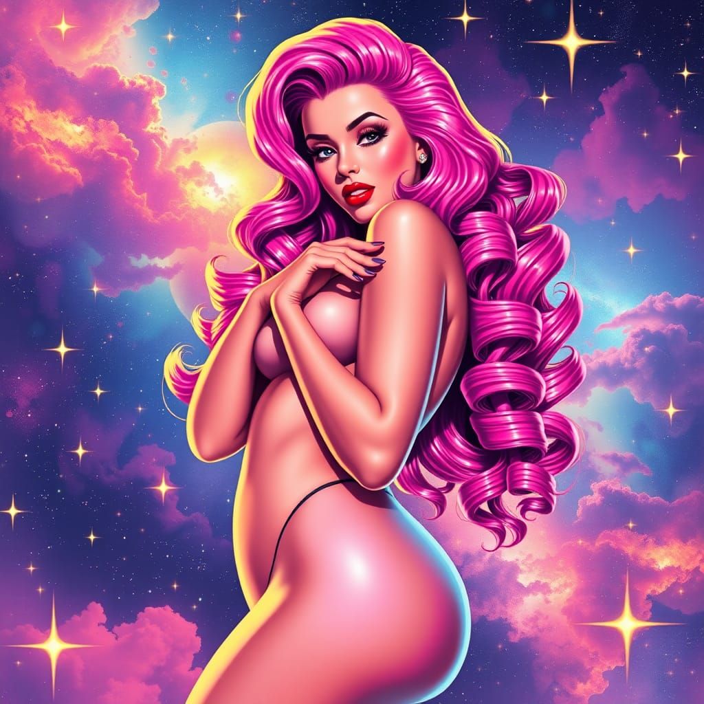 Cosmic Pin-Up Girl in Retro-Futuristic Galaxy