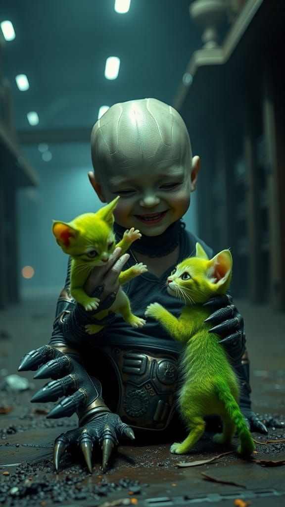 Xenomorph Infant Plays with Kitten in Gigeresque Setting