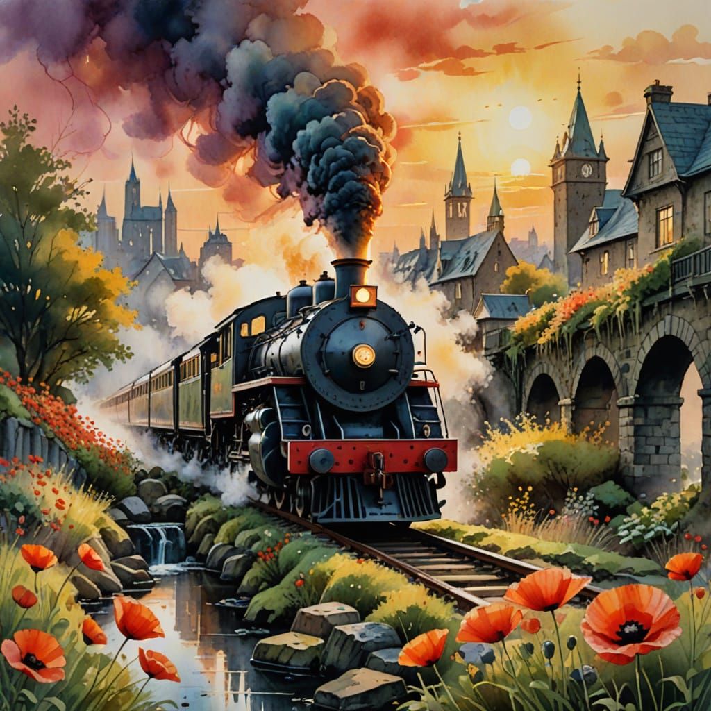 Steaming Locomotive Crosses Cityscape on Mossy Bridge at Sun...