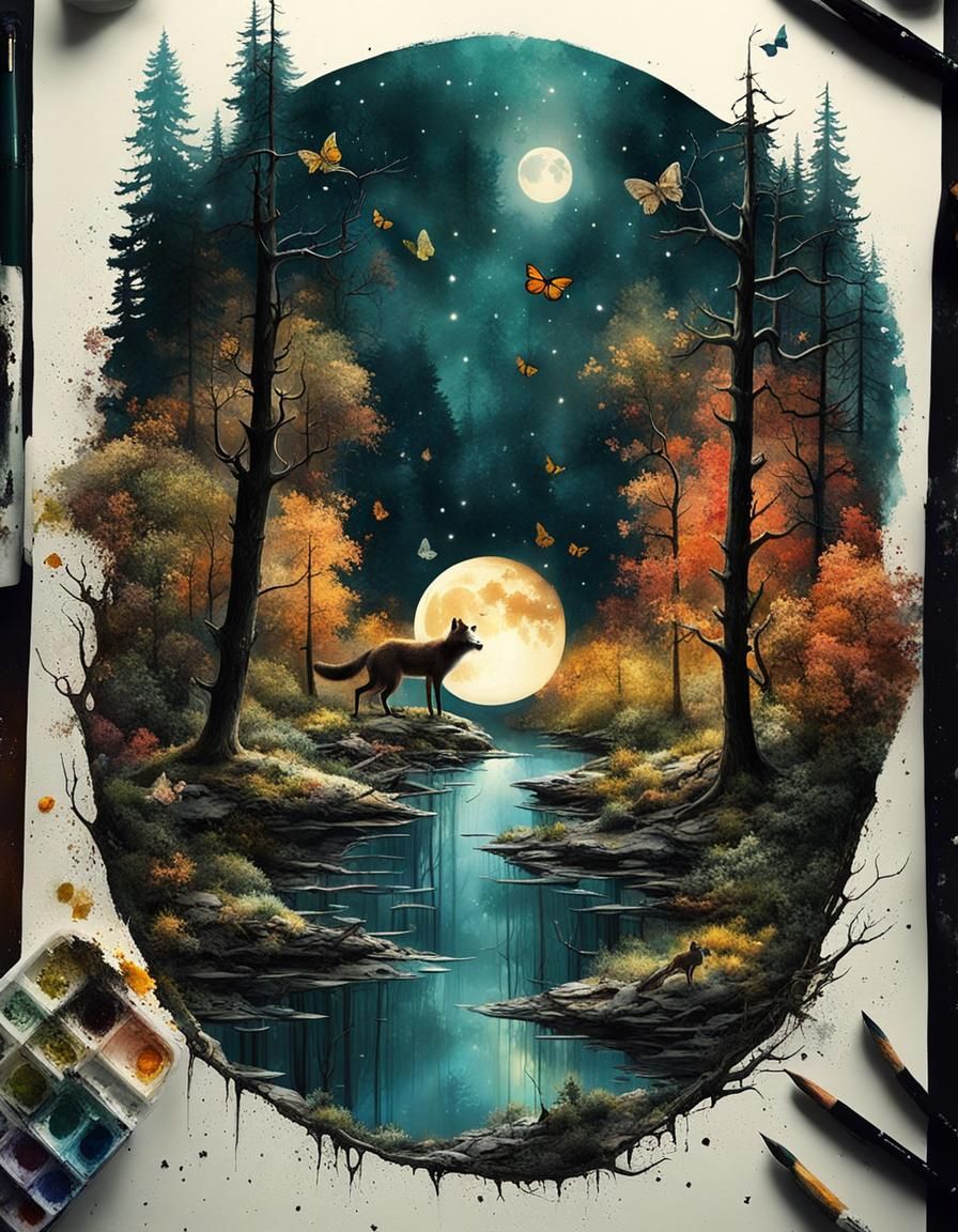 Enchanted Forest Fox in Surreal Double Exposure