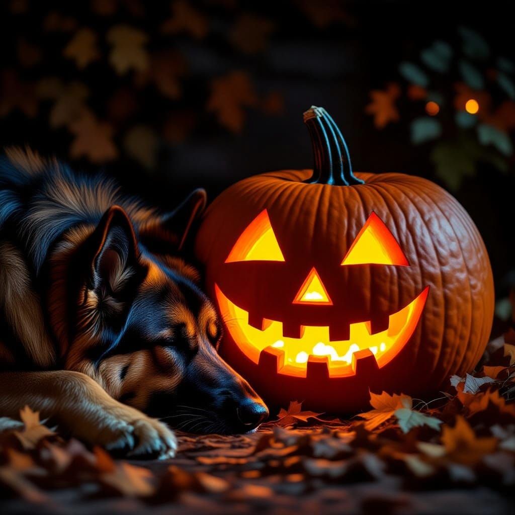 Giant German Shepherd Sleeps by Huge Halloween Pumpkin