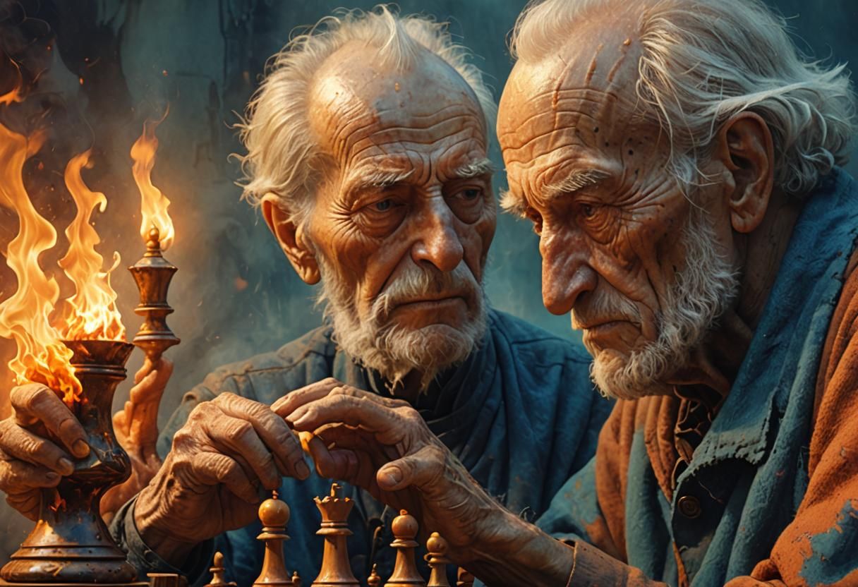Old Man Holding Burning Chess Piece in Fantasy Art