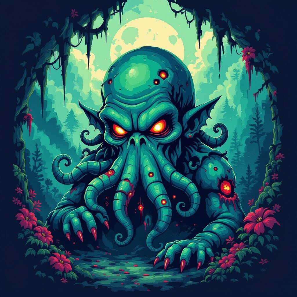Friendly Cthulhu Pixel Art in Deep Tetradic Colors