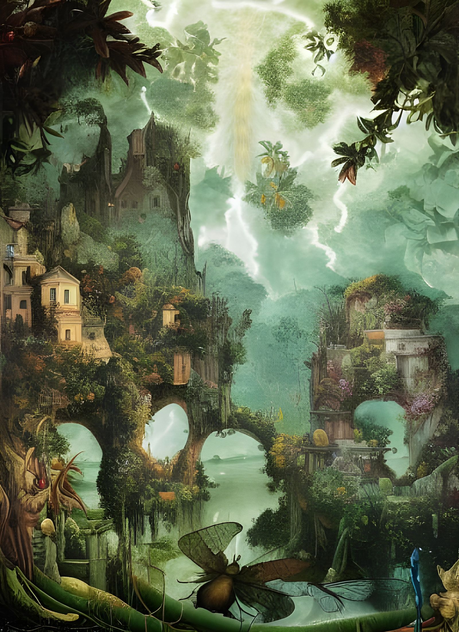 Lush Garden with Surreal Elements in Digital Art Style