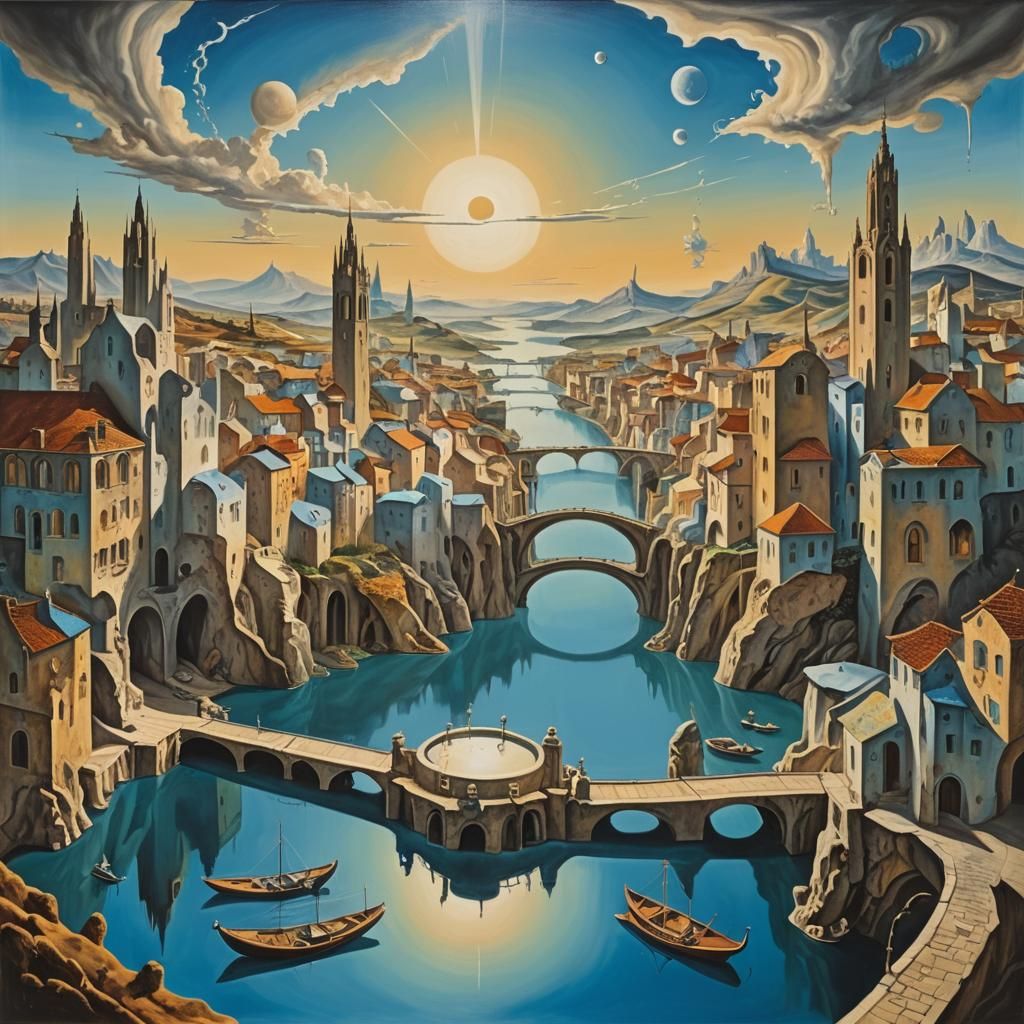 Surreal Cityscape with Lake and Blue Sun