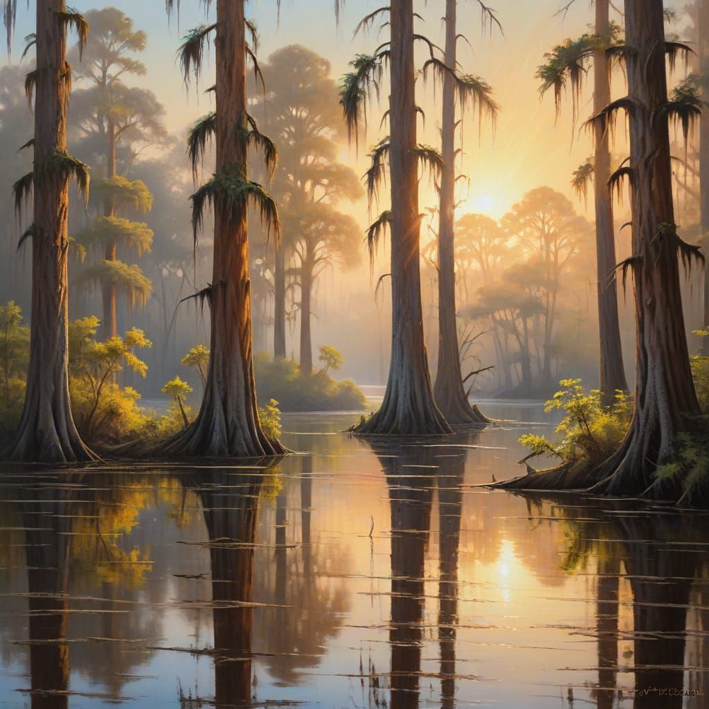 Golden Cypress Trees in Bayou Landscape at Sunset