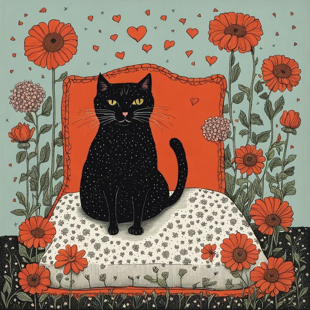 Cute Cat Surrounded by Flowers in Macabre Style