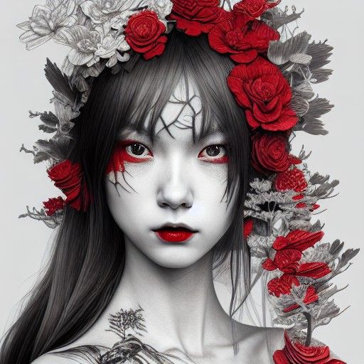 Japanese Girl with Intricate Tattoo, Digital Illustration