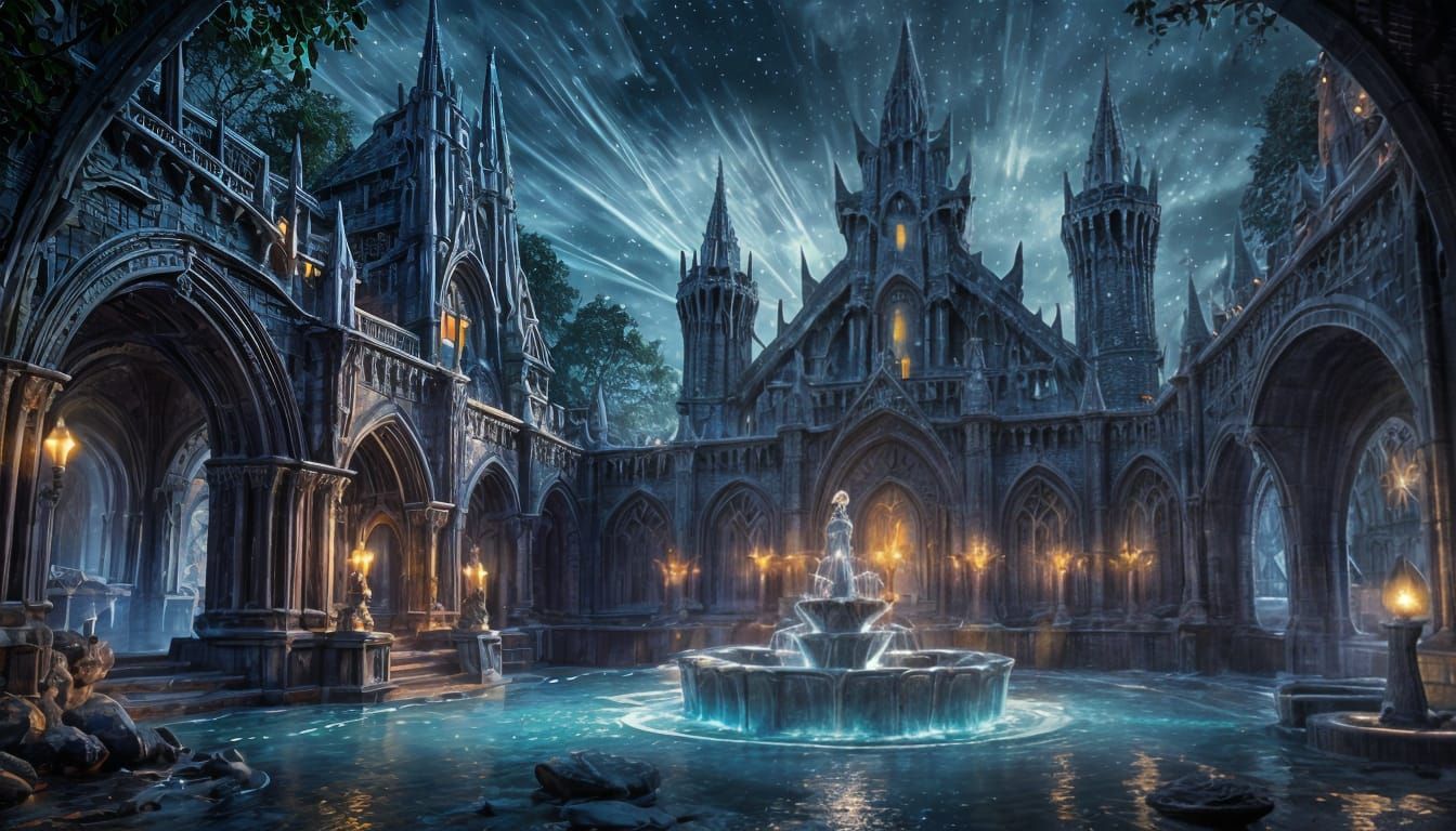 Glowing Elvish Water Fountain at Night