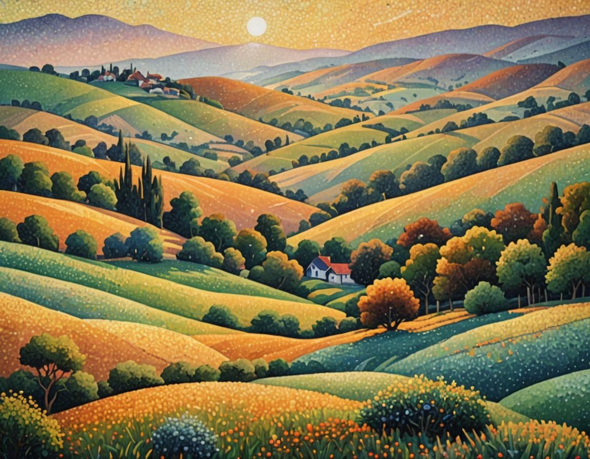 Pointillist Sunset Landscape with Rolling Hills
