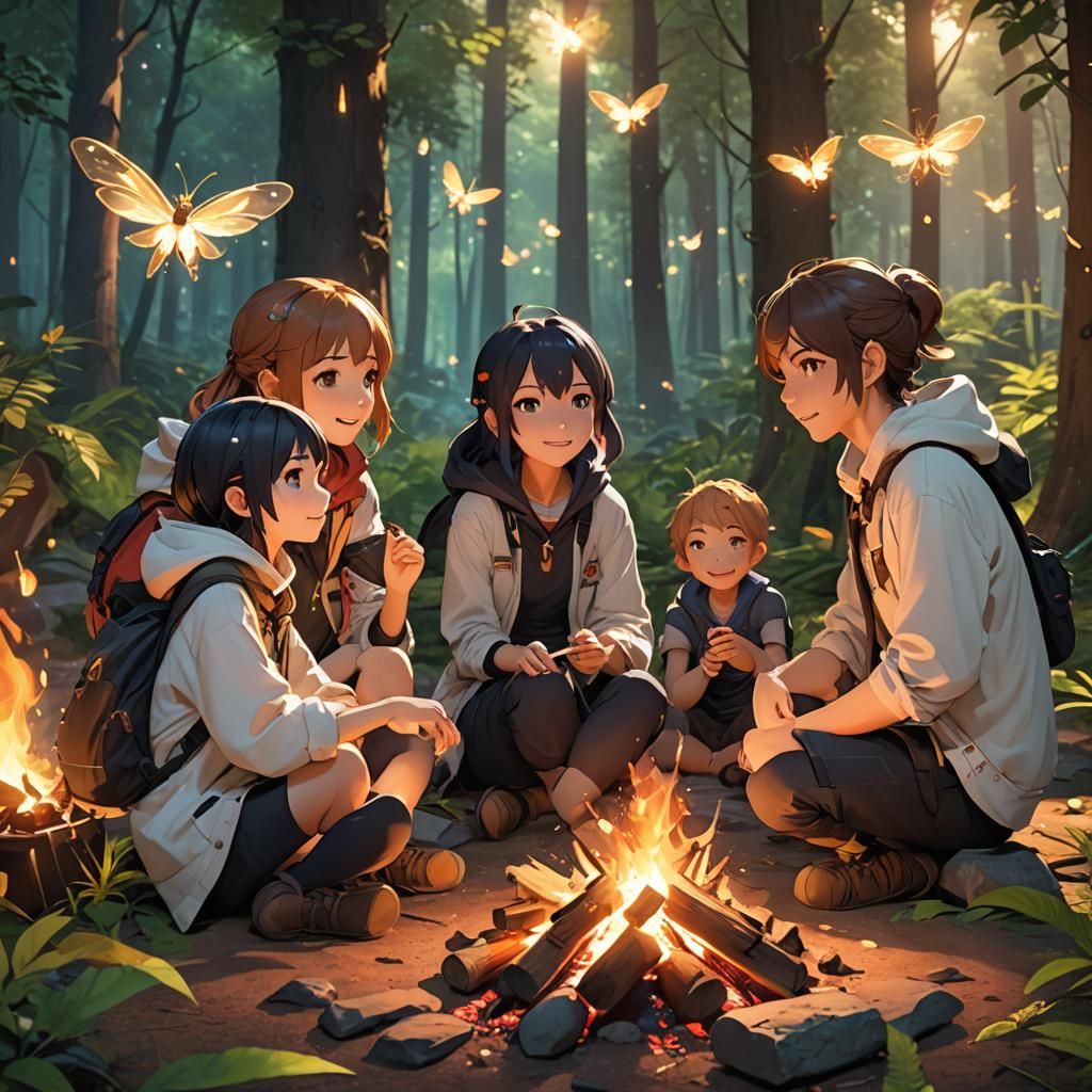 Campfire Joy: 3D Anime Forest Scene