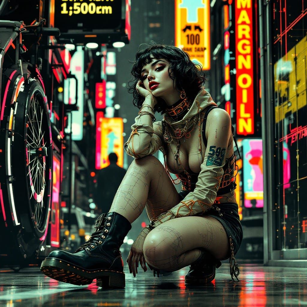 Neurograph Pin-Up Girl Embracing Rebellion in 2040