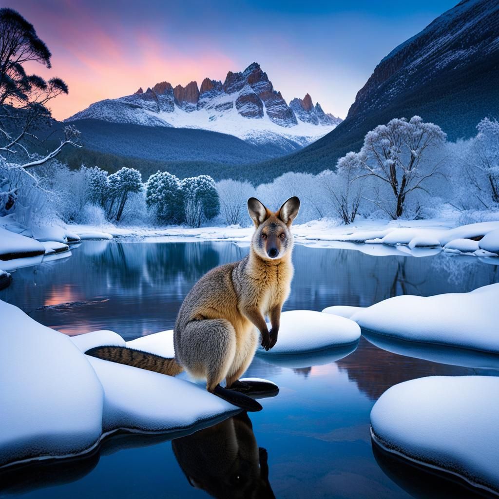 Winter Mountain River with Wallaby: Digital Illustration