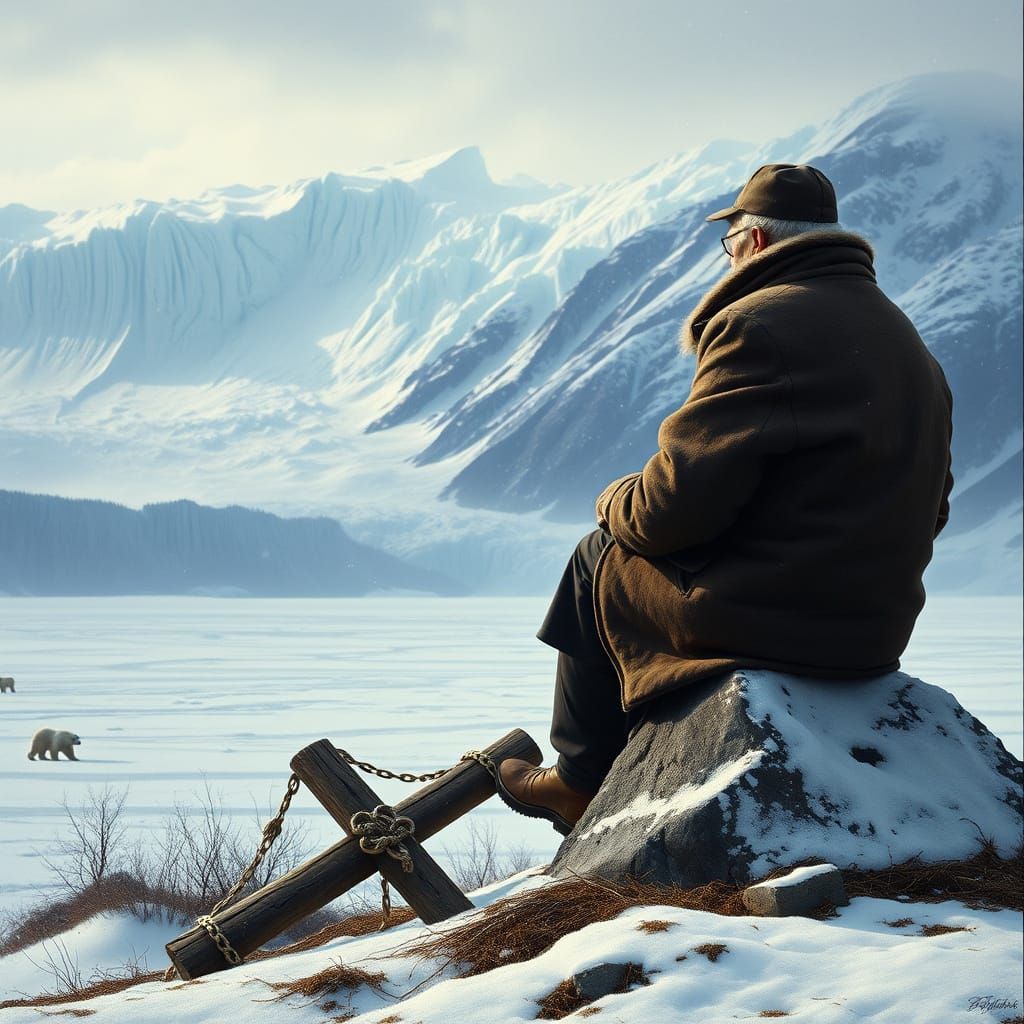 Elderly Man Gazing at Glacier in Romantic Style