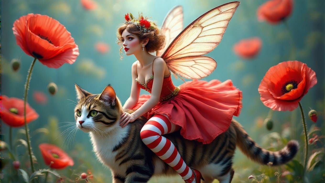 Surreal Poppy Fairy Rides Elegant Cat in Victorian Splendor