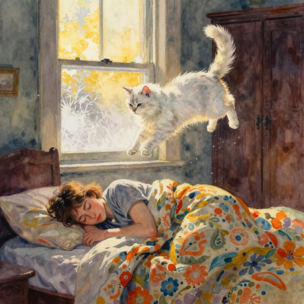 Cozy Bedroom Scene with Cat Jump in Watercolor Style