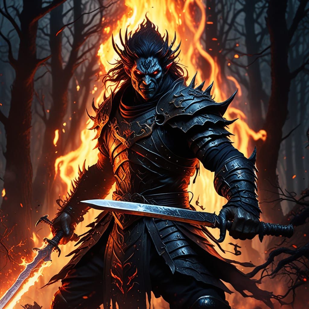 Demon Slayer and Demon Battle in Watercolor