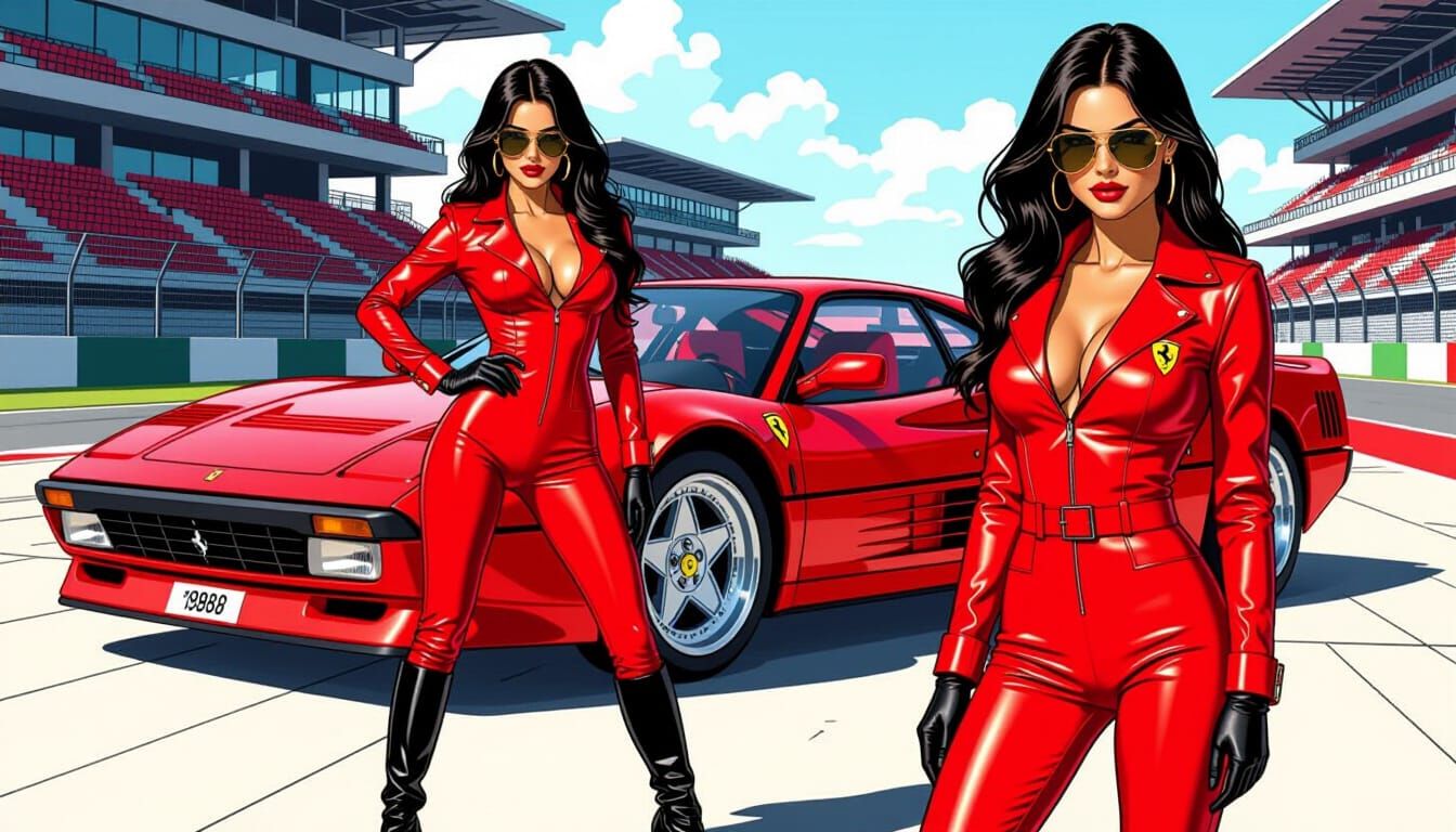 Italian Model in Red Catsuit with Ferrari, Comic Book Style