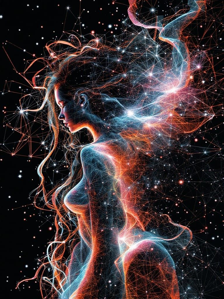 Ethereal Woman Emerges from Crystal Lattice in Op Art Style